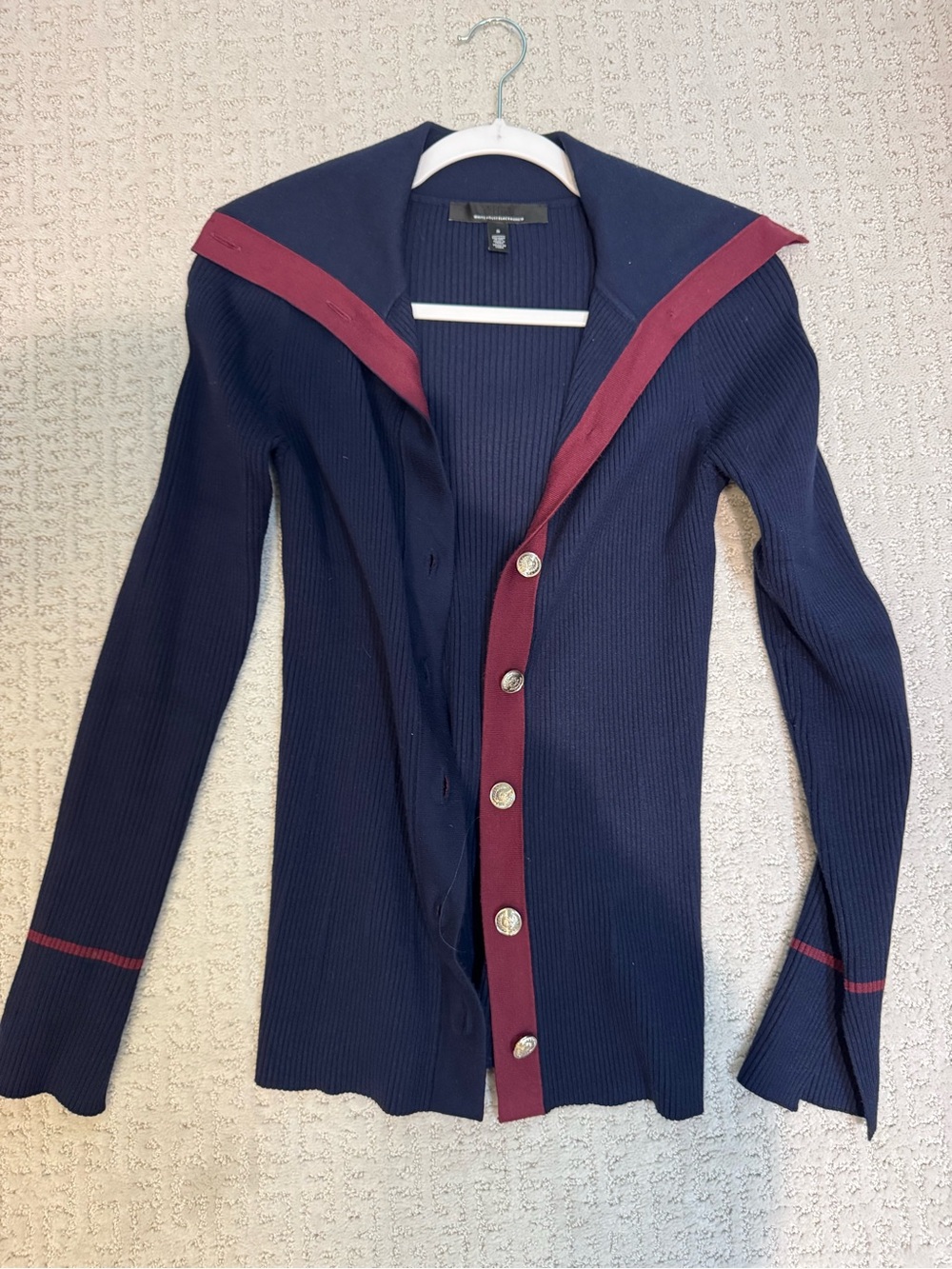 White House Black Market Navy Ribbed Cardigan with Maroon Accents